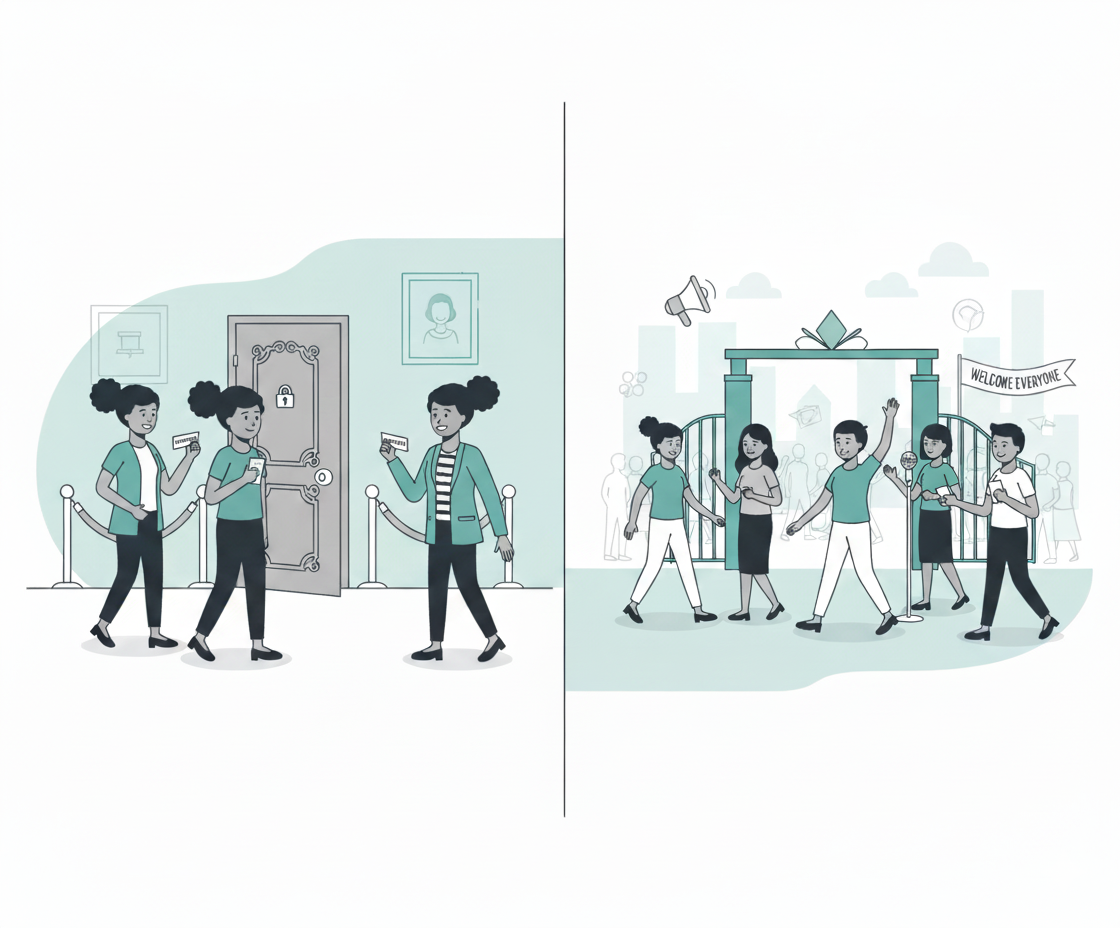 image of animated characters with a line down the middle. One side shows a private event needing membership cards where the other shows a public event